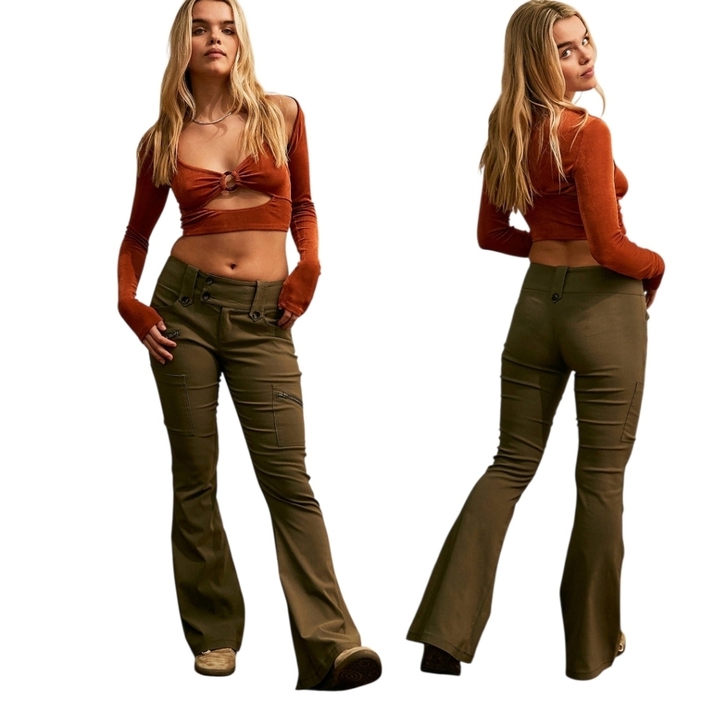 Urban Outfitters Bengaline Low-Rise Cargo Flare Pants Brown Retro Green M Y2K